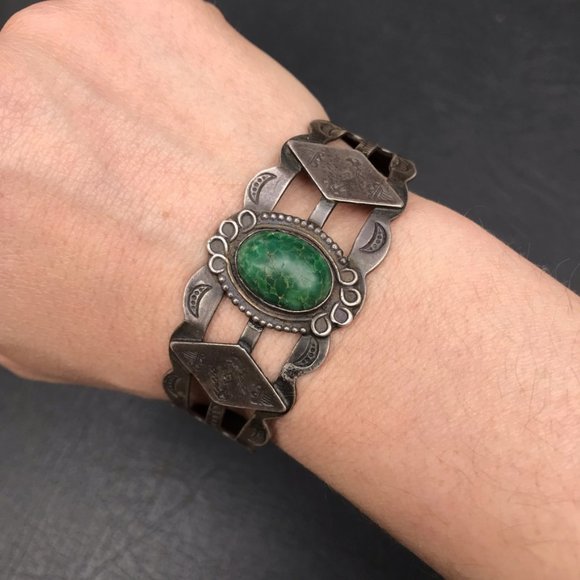 Vintage Navajo Stamped Sterling Silver Cuff with Turquoise Fred Harvey Style - Picture 1 of 5
